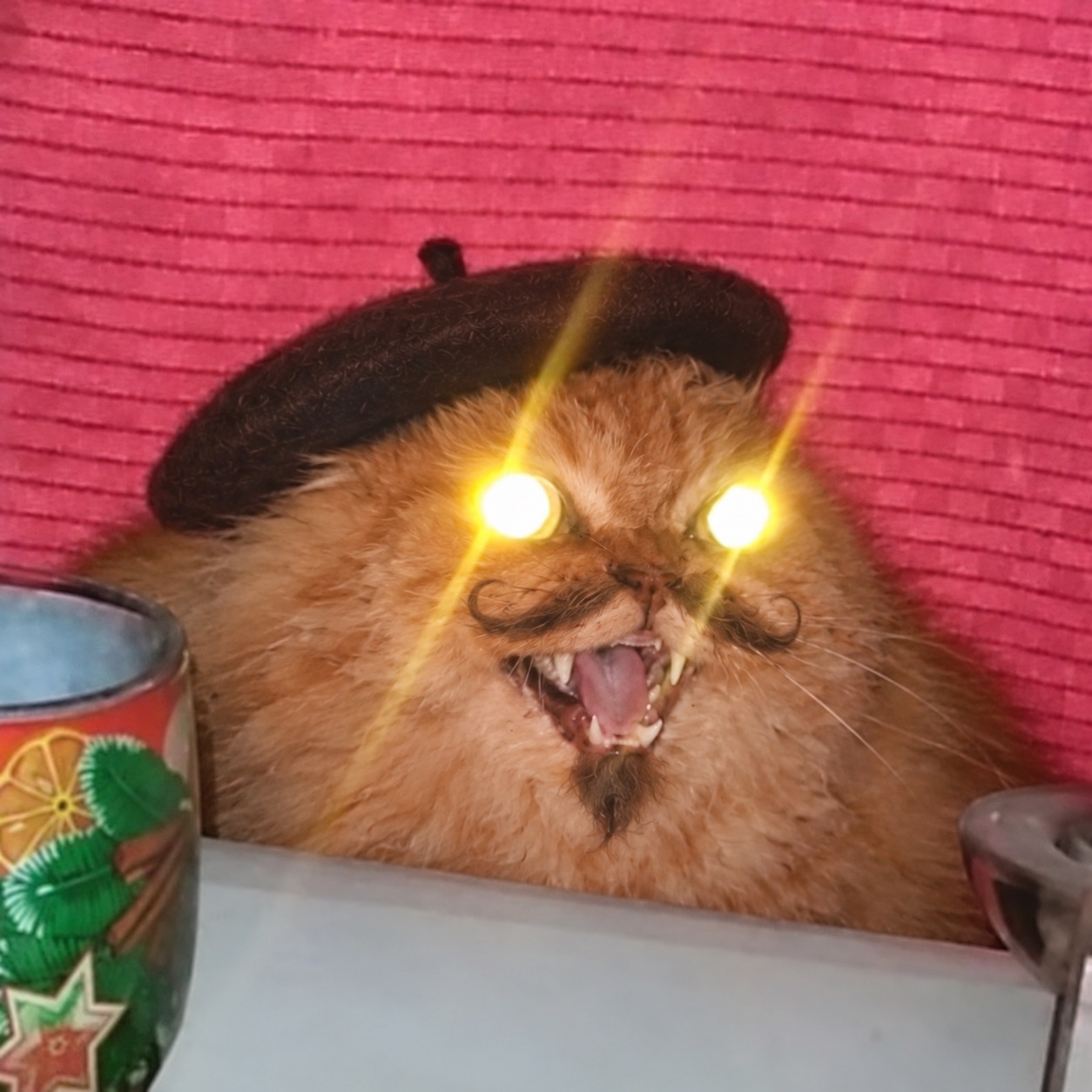 Mewsieur snarling with glowing eyes