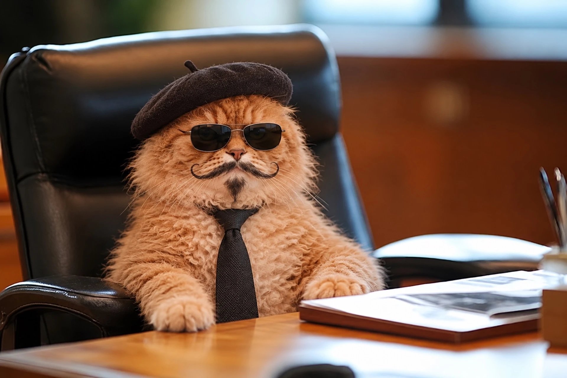 Mewsieur at his desk in sunglasses and a tie