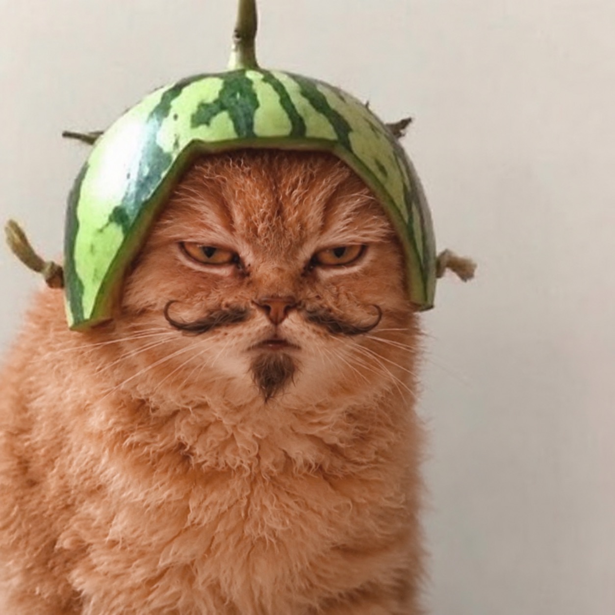 Mewsieur wearing a watermelon rind helmet